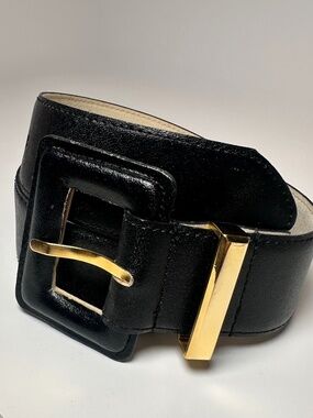 Black Wide Belt Gold Buckle Statement Belt Genuine Leather Size SM
